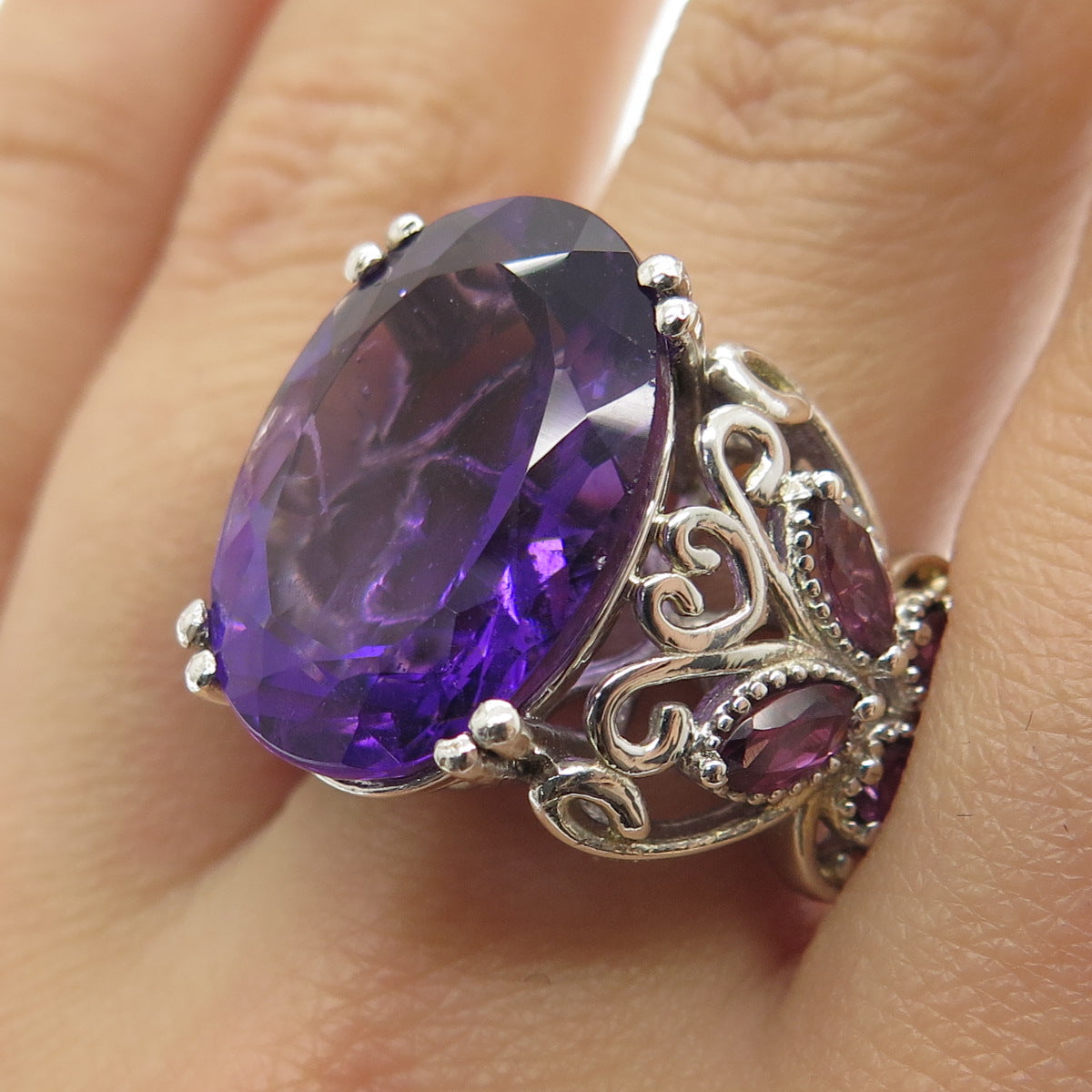 CHUCK CLEMENCY Sterling Silver Real Amethyst & Tourmaline Butterfly Ring Size 7