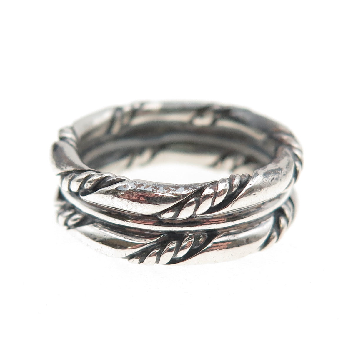 925 Sterling Silver Vintage Twisted Rope 2-Row Oxidized Band Ring Size 7