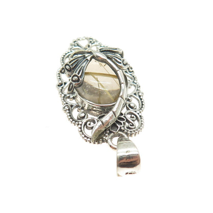 925 Sterling Silver Vintage Real Rutilated Quartz Dragonfly Oxidized Pendant