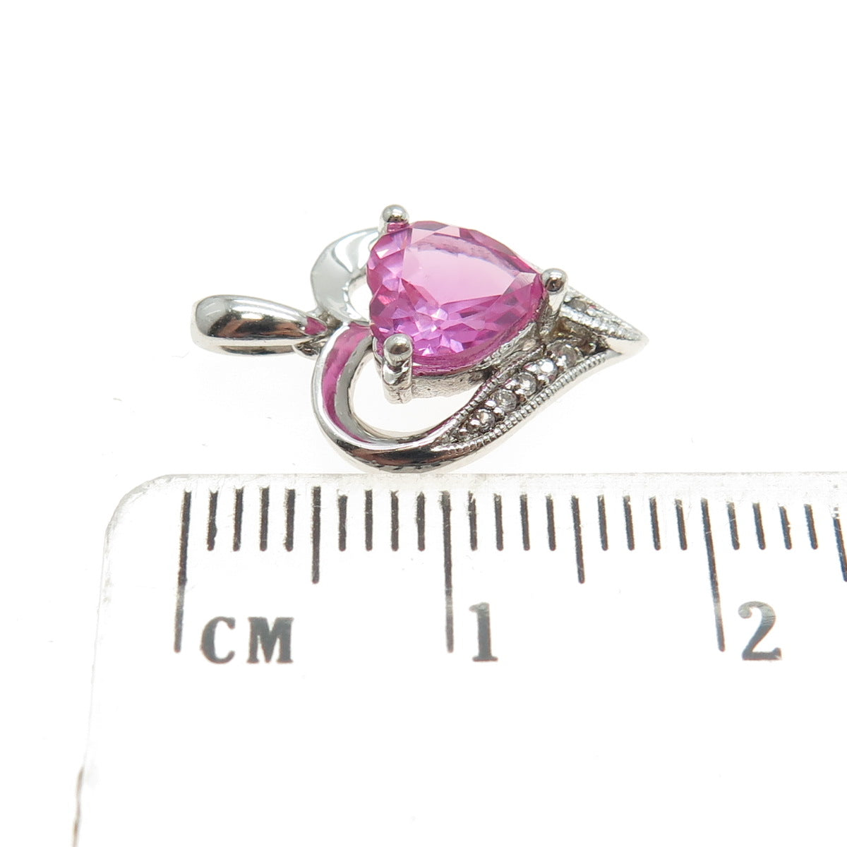 SAI 925 Sterling Silver White Topaz Gem Lab-Created Pink Sapphire Heart Pendant