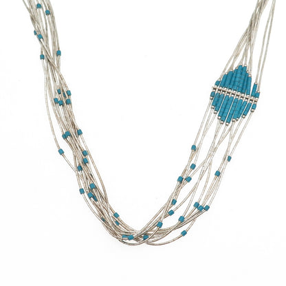 Old Pawn Sterling Silver Vintage Turquoise 10-Strand Liquid Chain Necklace 22"