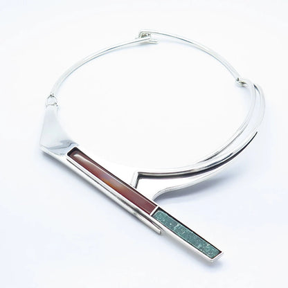 925 Sterling Silver Vintage Israel NAOR Aventurine & Agate Gem Necklace 16"