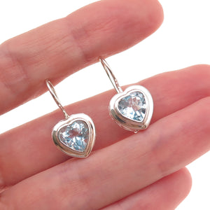 925 Sterling Silver Vintage Real Blue Topaz Heart Earrings