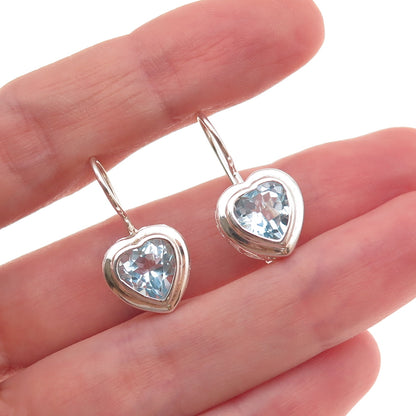 925 Sterling Silver Vintage Real Blue Topaz Heart Earrings