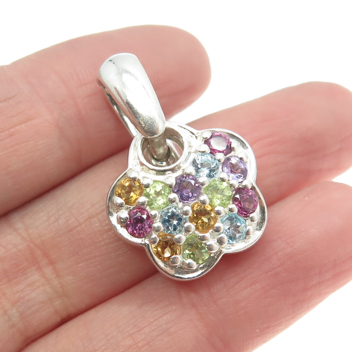 925 Sterling Silver Real Amethyst Blue Topaz Citrine & Peridot Flower Pendant