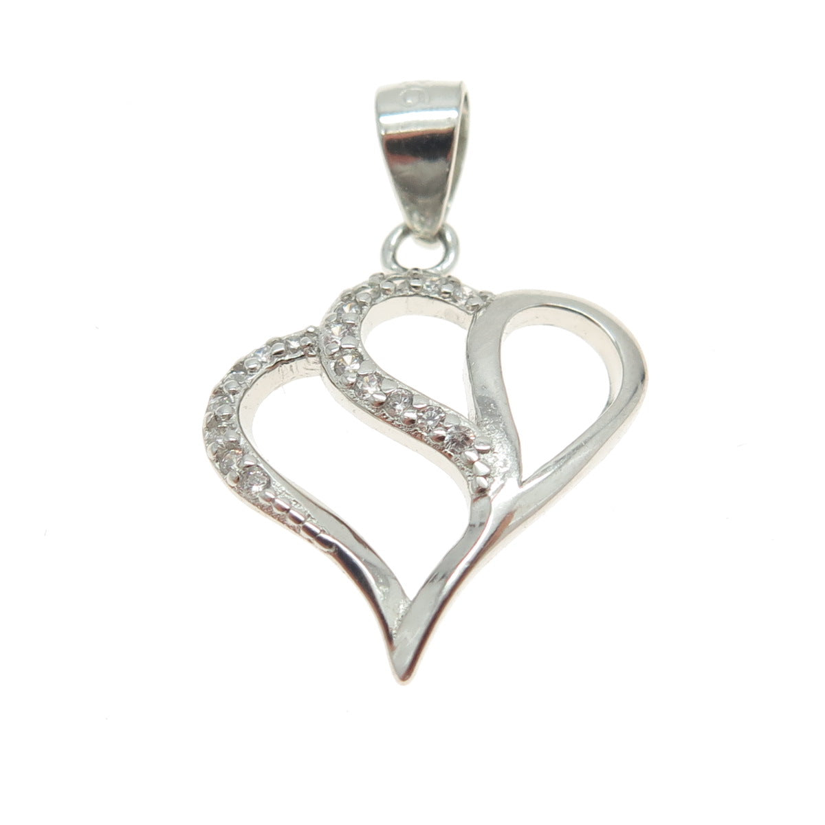 925 Sterling Silver Round-Cut Shaped C Z Couple of Hearts Pendant