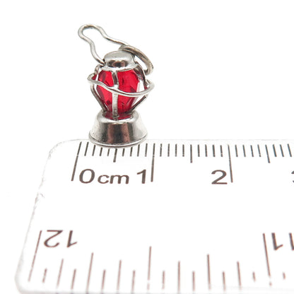 925 Sterling Silver Antique Art Deco Red Crystal Lantern 3D Mini Charm Pendant