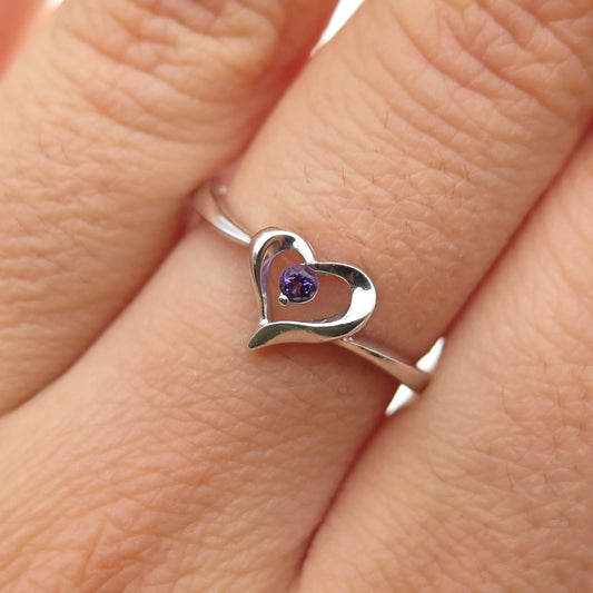 925 Sterling Silver Real Round-Cut Amethyst Heart Ring Size 6.75