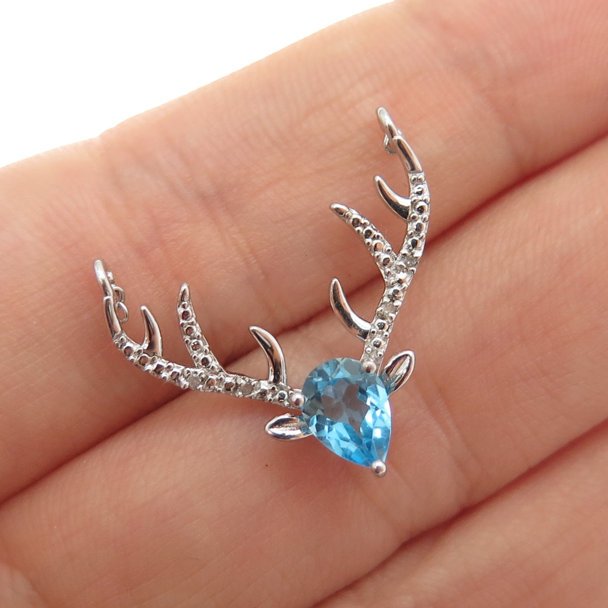 SUN 925 Sterling Silver Real Diamond & Blue Topaz Deer Slide Centerpiece Pendant
