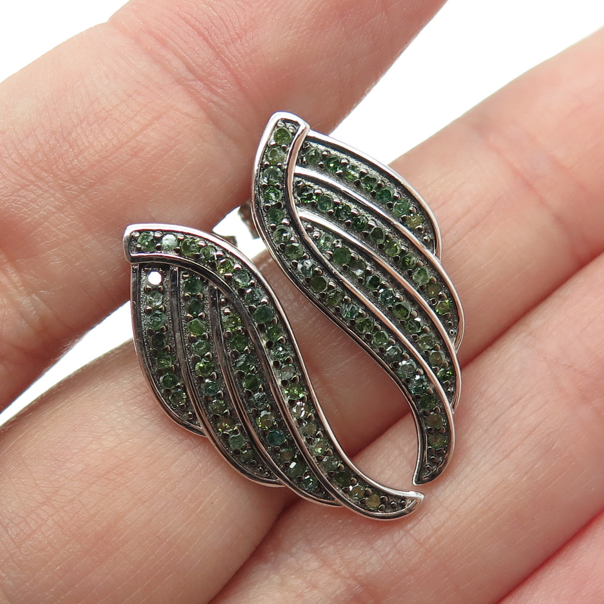 925 Sterling Silver Real Round-Cut Green Diamond Angel Wing Earrings