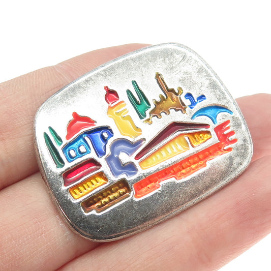925 Sterling Silver Vintage Israel Colorful Enamel Old Town Pin Brooch / Pendant