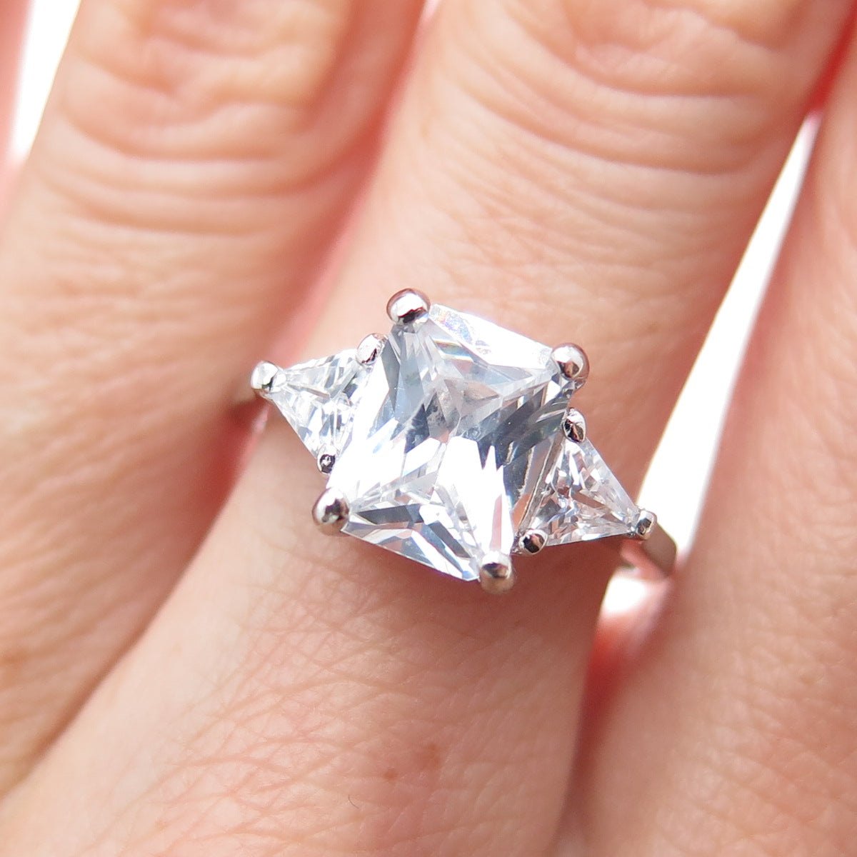 925 Sterling Silver Radiant & Triangle-Cut C Z Engagement Ring Size 7