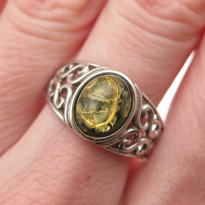 GILLIE & CO. 925 Sterling Silver Vintage Real Amber Swirl Heart Ring Size 9
