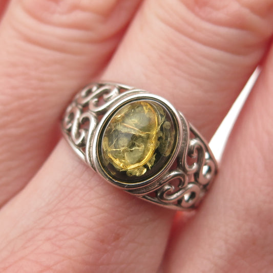 GILLIE & CO. 925 Sterling Silver Vintage Real Amber Swirl Heart Ring Size 9