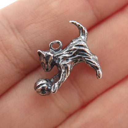 925 Sterling Silver Vintage Playing Cat Oxidized Minimalist 3D Charm Pendant
