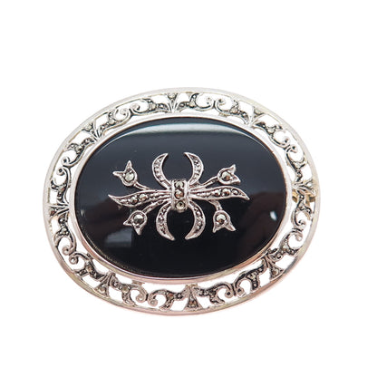 835 Silver Antique Art Deco Real Black Onyx & Marcasite Bow Pin Brooch