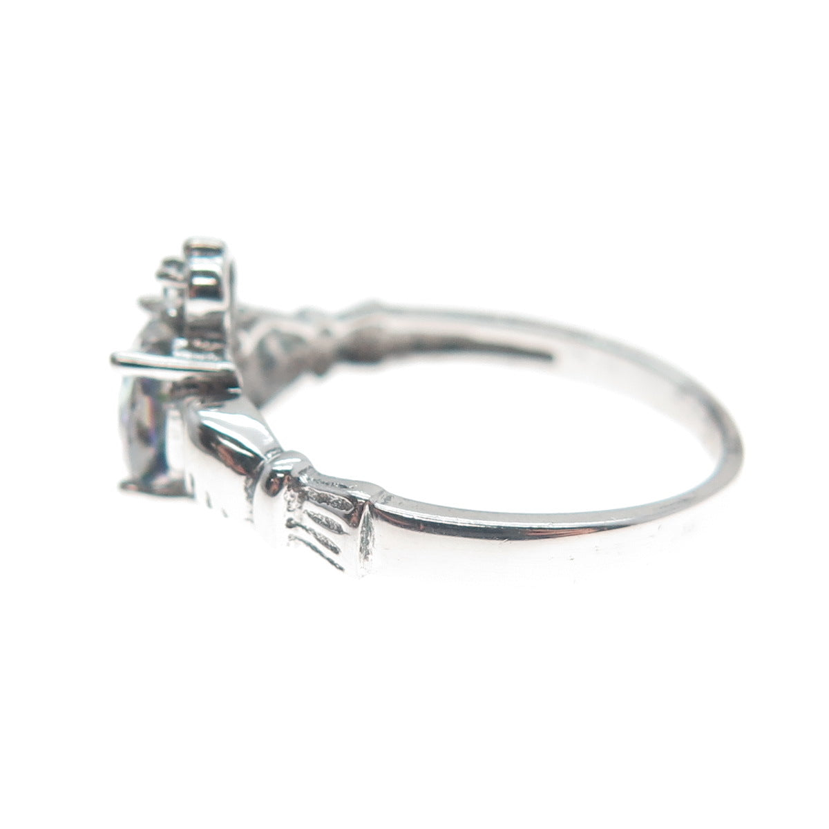 925 Sterling Silver Heart-Cut Mystic Quartz & C Z Irish Claddagh Ring Size 7.5