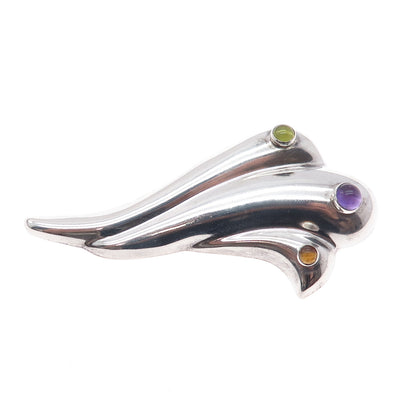 925 Sterling Silver Vintage Real Amethyst Peridot & Citrine Modernist Pin Brooch