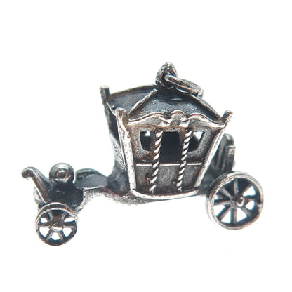 925 Sterling Silver Vintage Carriage Oxidized Minimalist 3D Charm Pendant