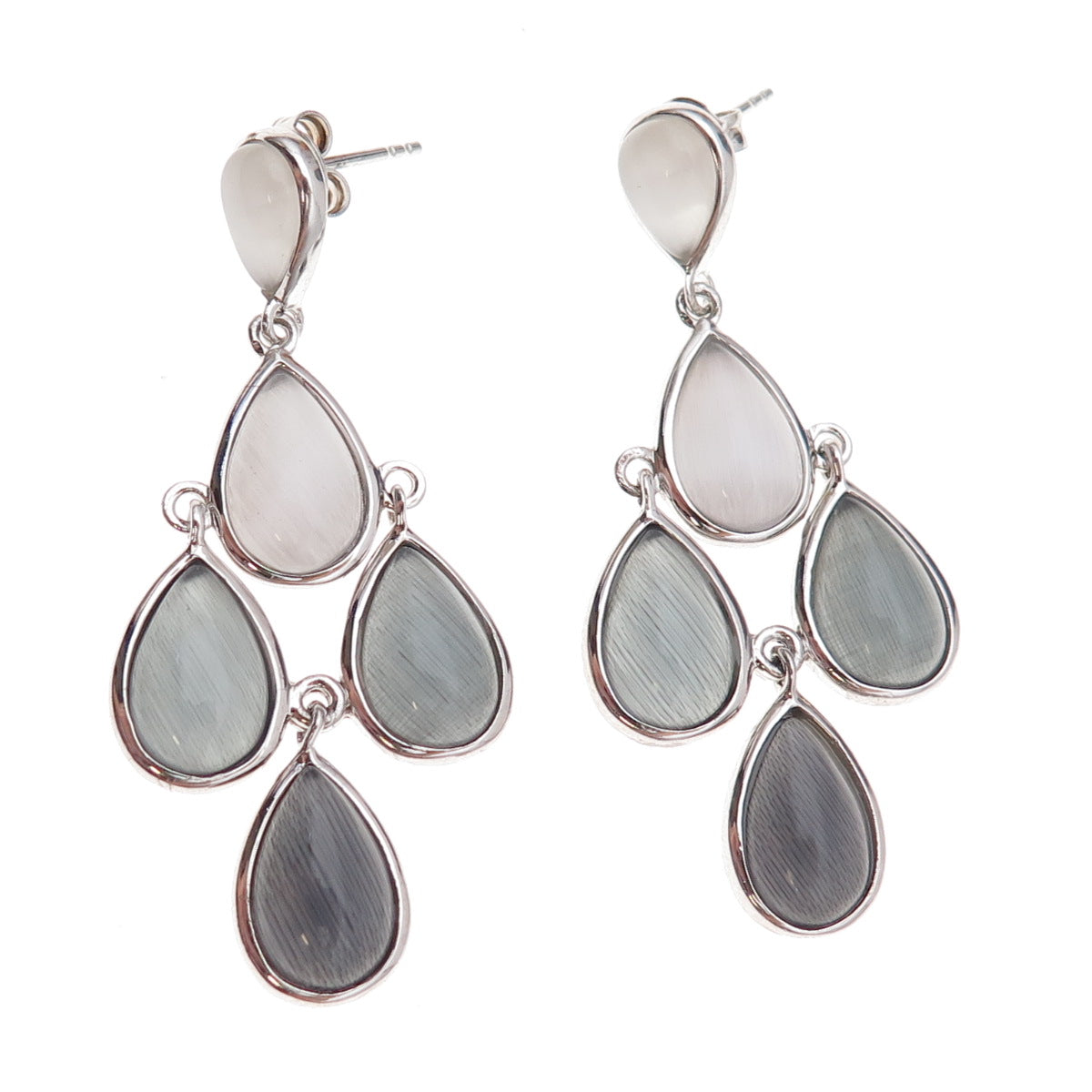 925 Sterling Silver Real Cat's Eye Teardrop Cluster Dangle Earrings