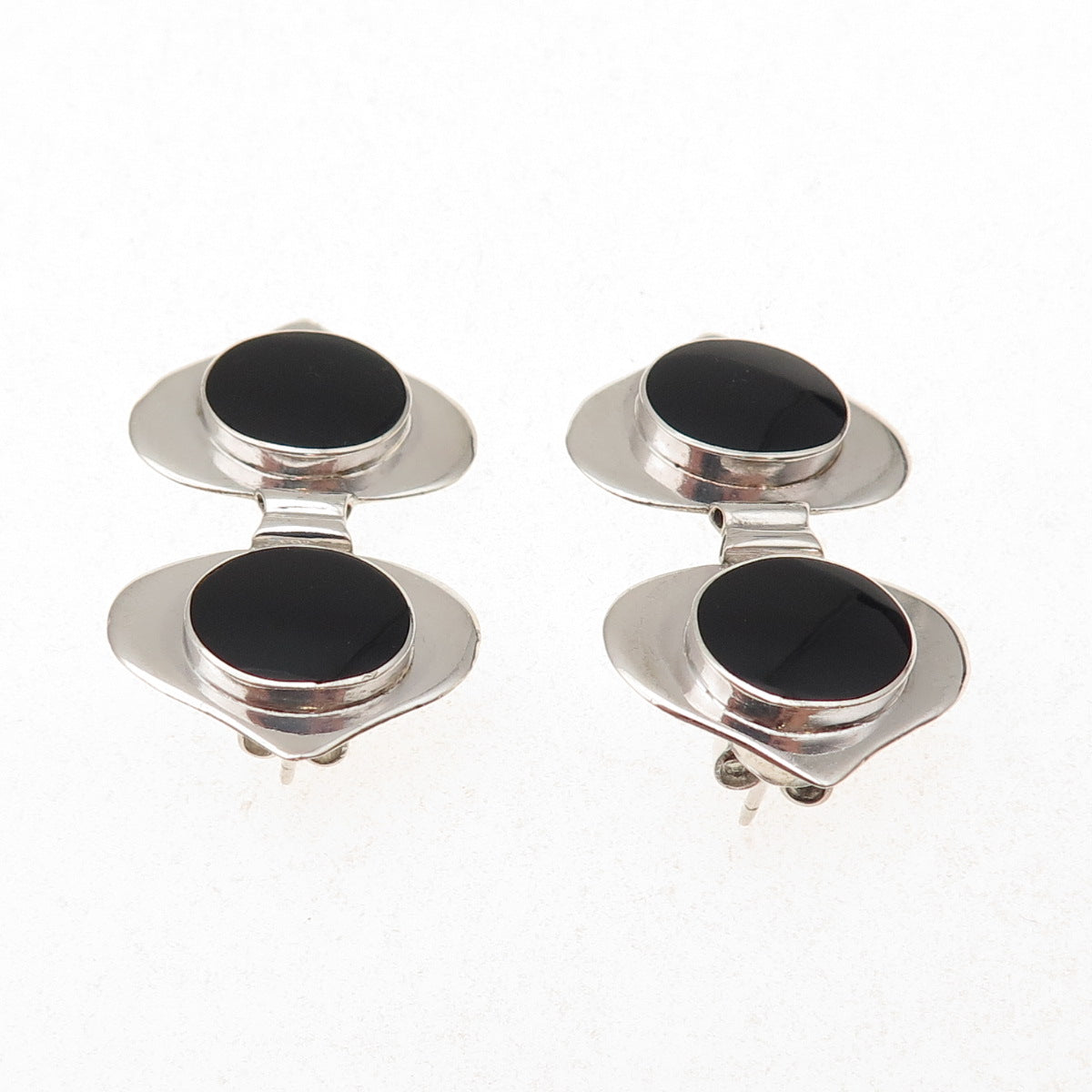 925 Sterling Silver Vintage Real Black Onyx Double Heart Oxidized Earrings