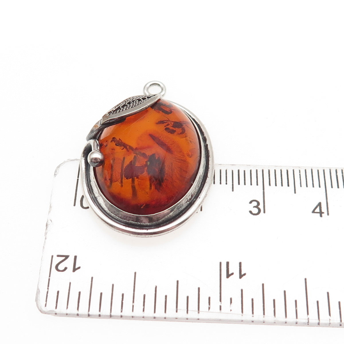 925 Sterling Silver Vintage Real Amber Modernist Filigree Floral Charm Pendant