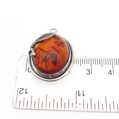 925 Sterling Silver Vintage Real Amber Modernist Filigree Floral Charm Pendant