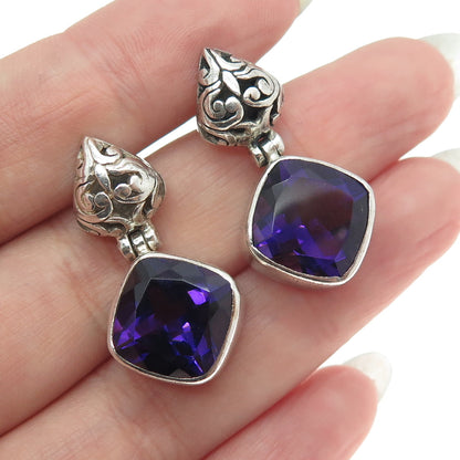 925 Sterling Silver Vintage Real Cushion-Cut Amethyst Ornate Dangling Earrings