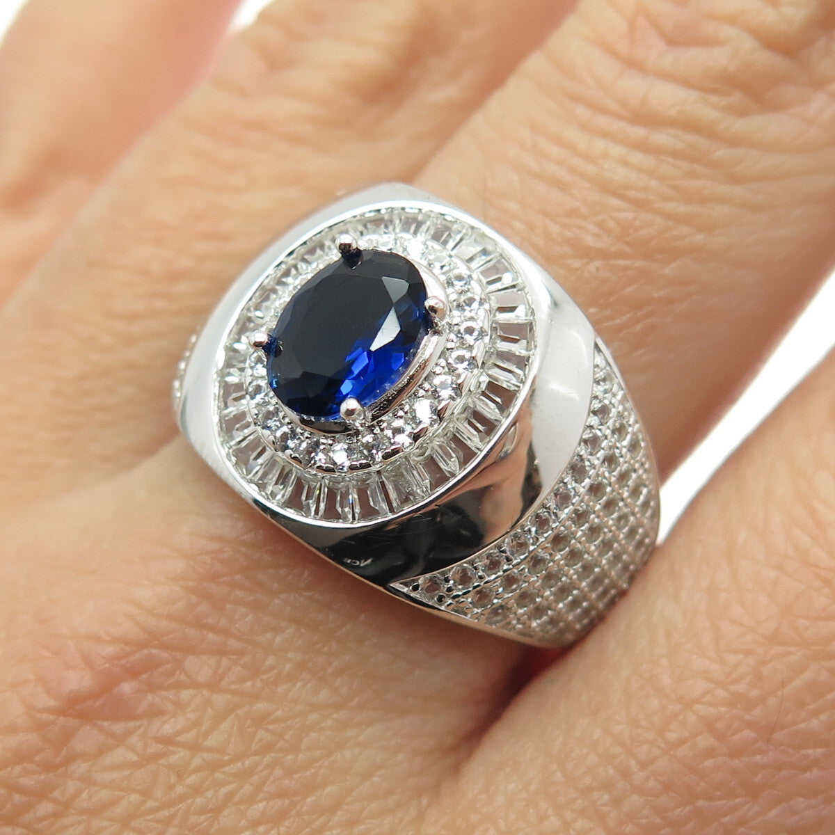 HAN 925 Sterling Silver White Topaz Gem & Lab-Created Sapphire Ring Size 10.75