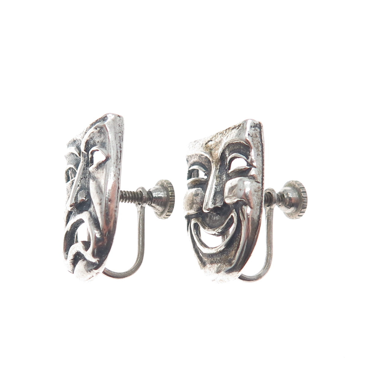925 Sterling Silver Vintage Comedy & Tragedy Masks Oxidized Screw Back Earrings