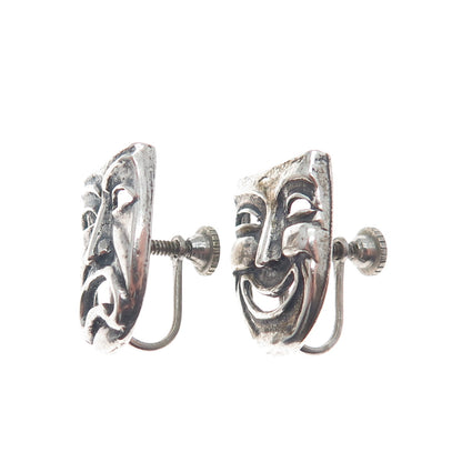 925 Sterling Silver Vintage Comedy & Tragedy Masks Oxidized Screw Back Earrings
