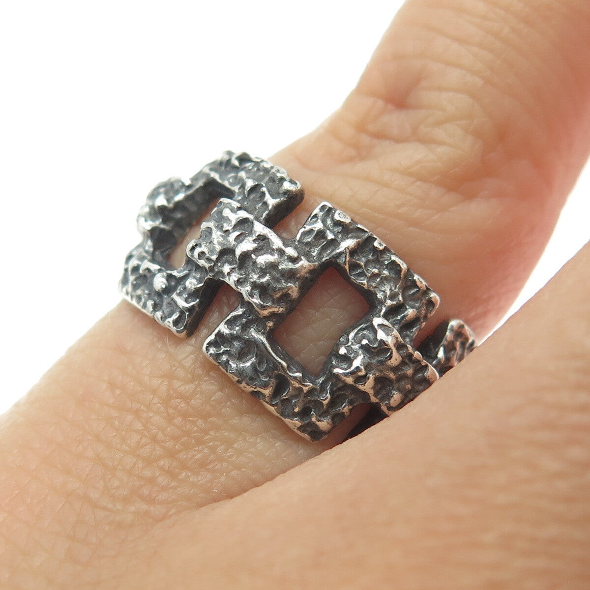 925 Sterling Silver Vintage Nugget Panel Link Oxidized Ring Size 6