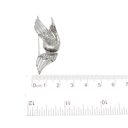 925 Sterling Silver Vintage White & Pink C Z Swan Pin Brooch