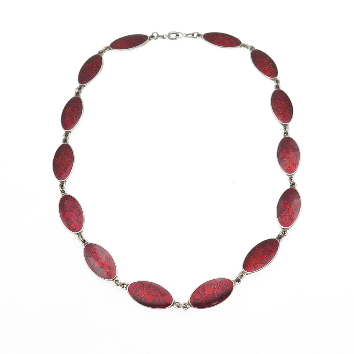 925 Sterling Silver Antique Art Deco Enamel Rose Floral Chain Necklace 16"