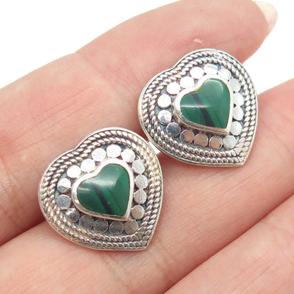 925 Sterling Silver Vintage Real Malachite Kali Heart Earrings