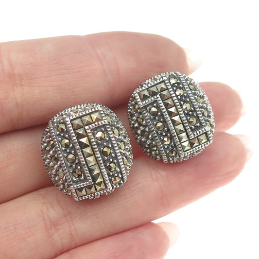 JUDITH JACK 925 Sterling Silver Vintage Real Marcasite Gem Omega Back Earrings