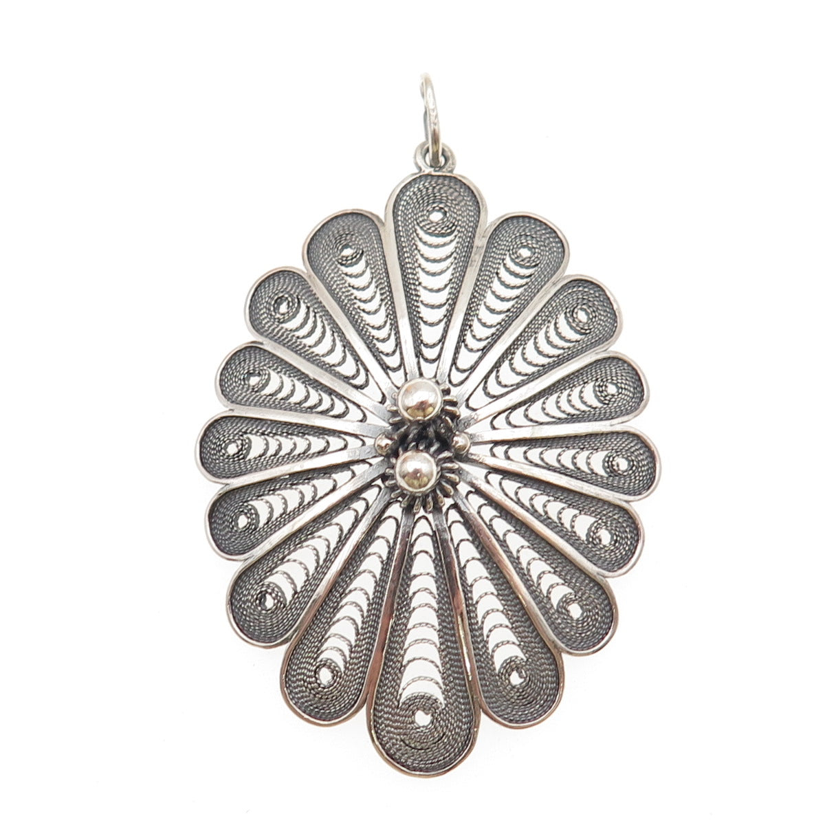 900 Silver Vintage European Cannetille Filigree Floral Oxidized Charm Pendant