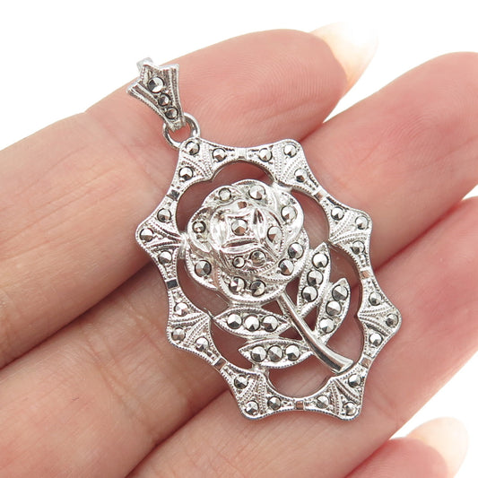 925 Sterling Silver Vintage Real Marcasite Rose Flower Art Deco Style Pendant