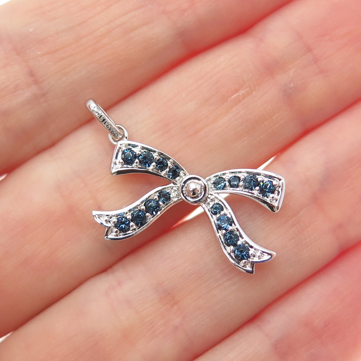 SAI 925 Sterling Silver Round-Cut Ocean Blue C Z Bow Minimalist Charm Pendant