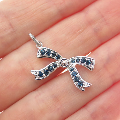 SAI 925 Sterling Silver Round-Cut Ocean Blue C Z Bow Minimalist Charm Pendant