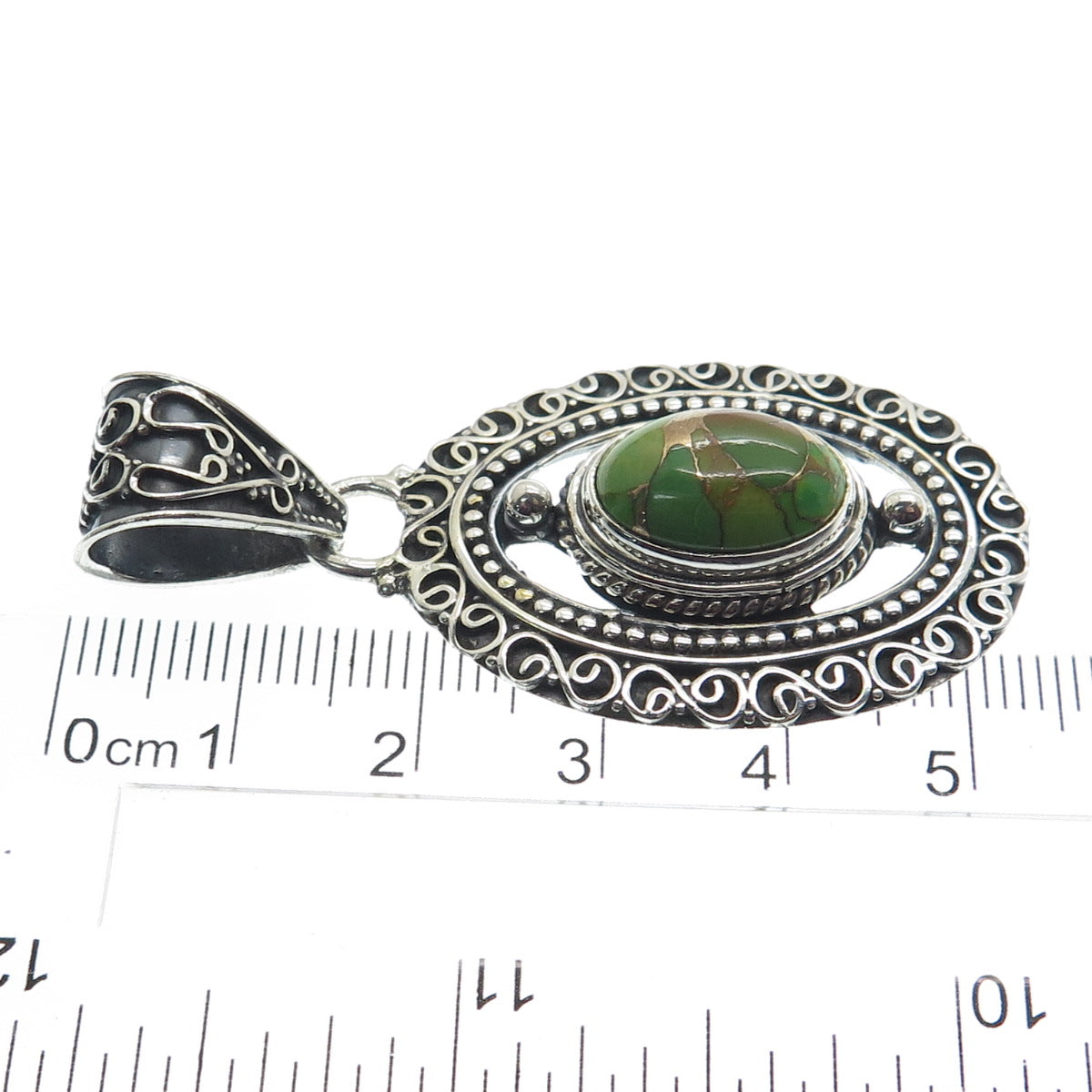 925 Sterling Silver Vintage Real Green Turquoise Gemstone Boho Ornate Pendant