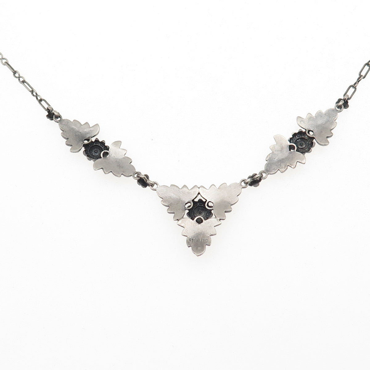 925 Sterling Antique Art Deco Real Marcasite Floral Necklace 18" (missing stone)