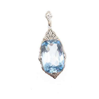 935 Silver Antique Art Deco Cushion-Cut Blue Glass Charm Pendant