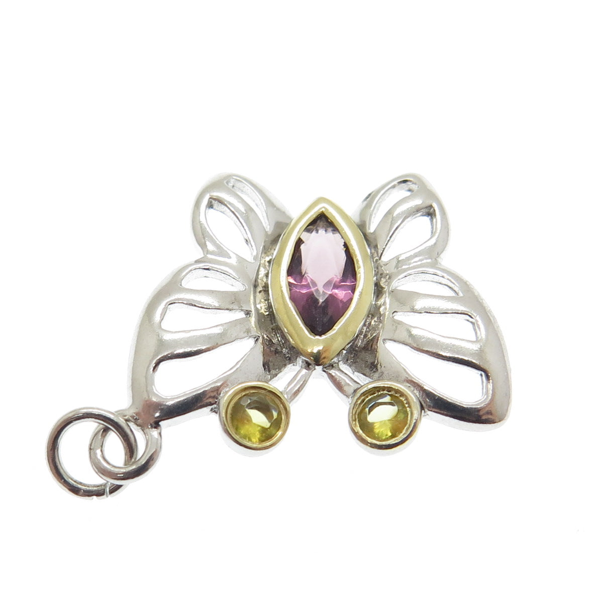 925 Sterling Silver 2-Tone Real Amethyst & Citrine Gemstone Butterfly Pendant