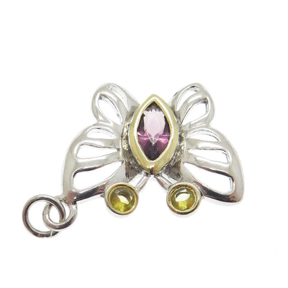 925 Sterling Silver 2-Tone Real Amethyst & Citrine Gemstone Butterfly Pendant