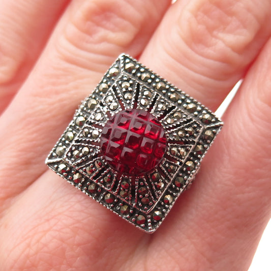 925 Sterling Silver Vintage Red Glass & Real Marcasite Oxidized Ring Size 8