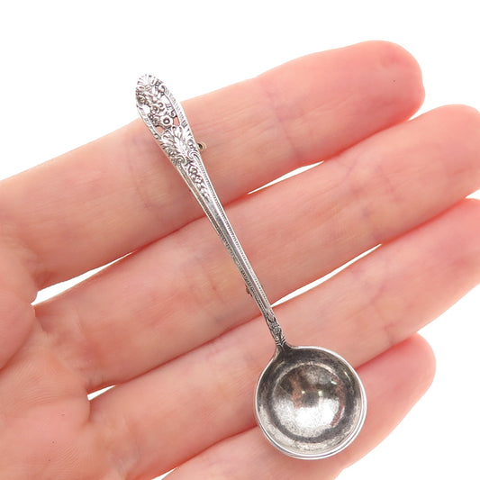 Fine Arts 925 Sterling Silver Antique Art Deco Salt & Spices Spoon Pin Brooch