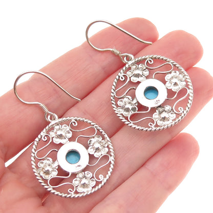 925 Sterling Silver Vintage Real Turquoise Floral Oxidized Dangle Earrings