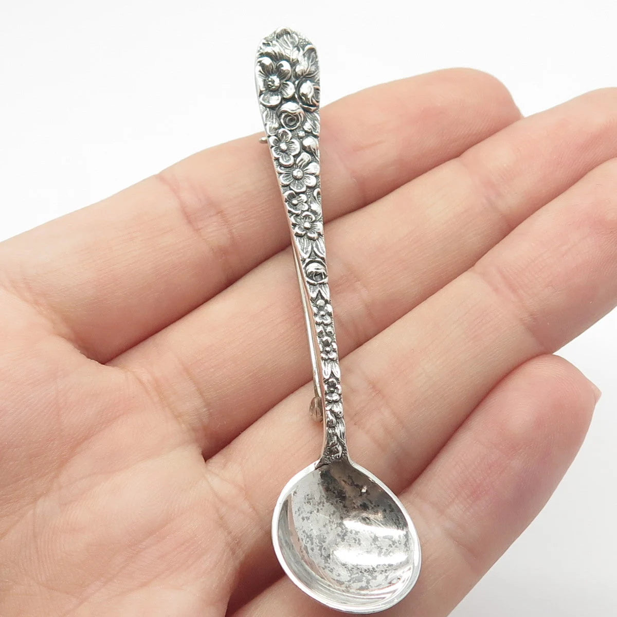 925 Sterling Silver Vintage Floral Spoon Pin Brooch
