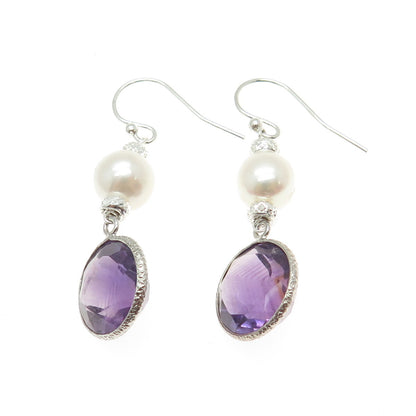 925 Sterling Silver Checkered Amethyst Gem & Faux Pearl Dangle Hook Earrings